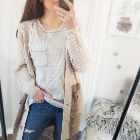 Knit Fall Neutral Cardigan Taupe Color Block Long Pocket Cardigan - Picture 8 of 11